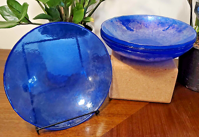 #ad 5 Ferro Murano Iridescent Cobalt Blue 8.5quot; Glass Salad Bowls Signed Italian Made