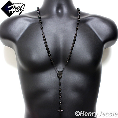 #ad MEN Stainless Steel 305quot;HEAVY 8mm Black Plated Beads Rosary Necklace