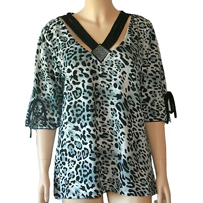 #ad Womens V neck top leopard blouse half sleeve black straps studs 2X NWT