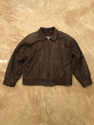 #ad Vintage DISTRESS Van Heusen 417 Mens Leather Bomber Jacket Large Brown Read