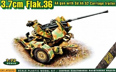 #ad Ace Plastic Models 72570 1 72 3.7cm Flak 36 AA Gun w SdAh52 Carriage Trailer