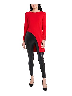 #ad VINCE CAMUTO Womens Red Darted Asymmetrical Long Sleeve Round Neck Tunic Top S