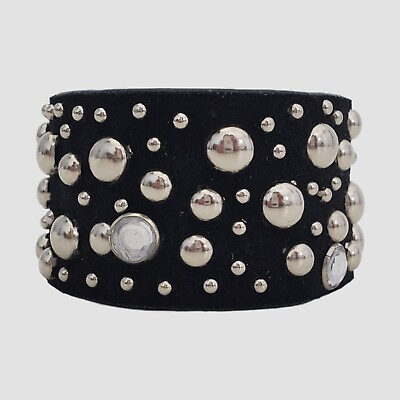 #ad Women#x27;s Handmade Black Leather Wrist Cuff Bracelet Upcycled Studded Goth Biker