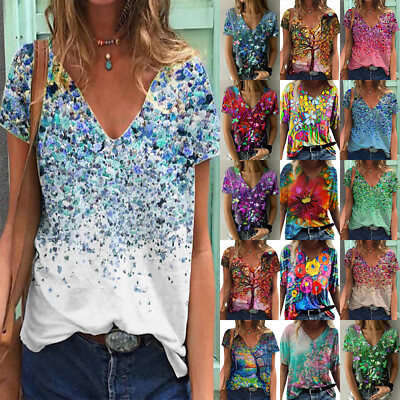 #ad Womens Short Sleeve V Neck Tops Ladies Summer Casual Loose Floral Blouse T Shirt
