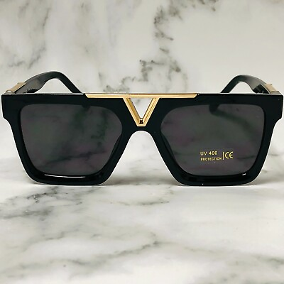 #ad Sunglasses Men Designer Fashion Gold Metal Bar Dark Black Lens Retro Classic NEW