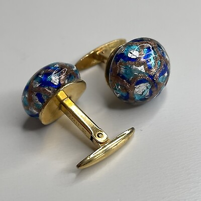 #ad Vintage Brevett GM Gold Tone “Murano” Style Glass Cufflinks Mens Avventurina