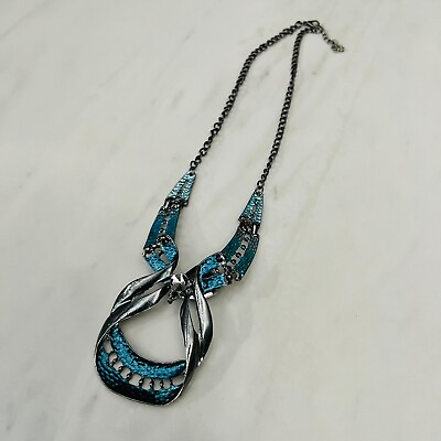 #ad Blue Pendant Necklace Silver Tone Chain 11quot; Costume Fashion Jewelry
