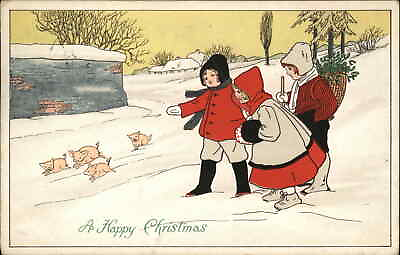 #ad Christmas Cute Kids with Pigs Piglets Vintage Postcard
