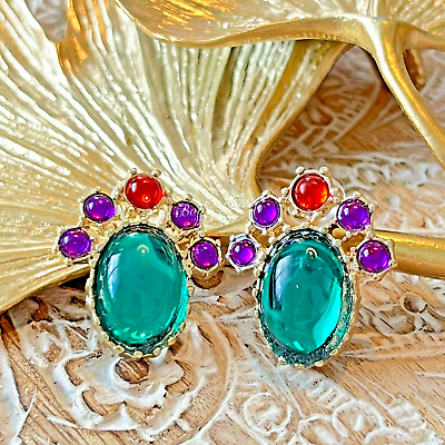 #ad Brand NEW Vintage Gold Plated Resin Earring Silver Post Green Purple