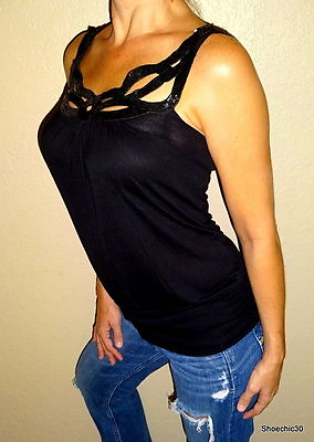 #ad Sequin sexy black rhinestone womens knit tank shirt top XS small