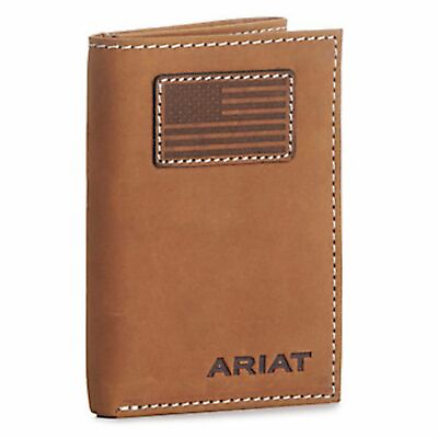 #ad Ariat Mens Leather Flag Patch Tri fold Wallet Brown