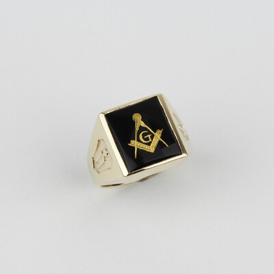 #ad Vintage Mens 10k Yellow Gold Black Onyx Freemason Masonic Ring Size 8.5