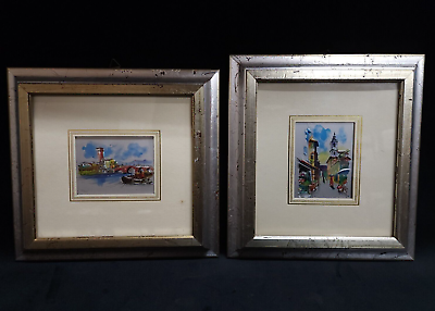 #ad Lot 2 Framed Original Italian Art Painting Tin Foil Colorful of Rome Italy City