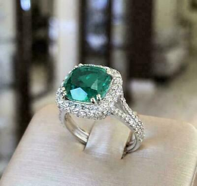 #ad 3.00 Ct Simulated Cushion Cut Emerald Halo Engagement Ring 14K White Gold Finish