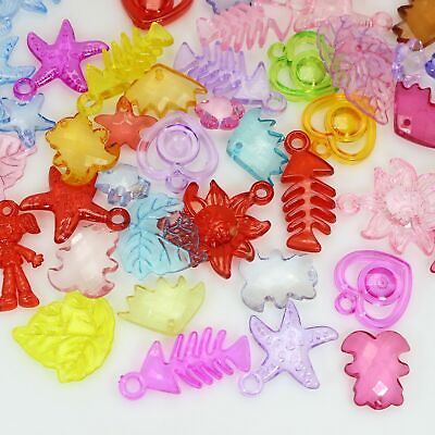 #ad 50 Mixed Color Transparent Acrylic Assorted Pendants Heart Bear Charm Beads $2.58