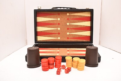 #ad VTG Backgammon Bakelite Red Butterscotch Game Set Original Cork 1950s Complete