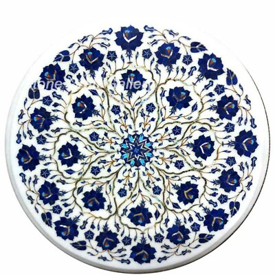 #ad 21quot; Round Marble Side Table Top semi precious stones Lapis Inlay Handmade work