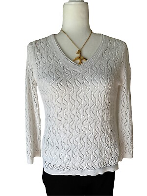 #ad Loft Ann Taylor White 3 4 Sleeve Cotton Pullover Sweater; Size Medium