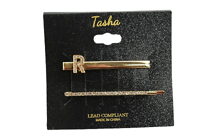 #ad R Tasha Womens 2 Pack Initial Crystal Salon Length Clips Gold Tone Plate Glass