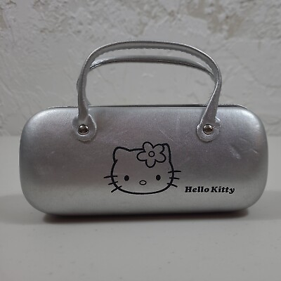 #ad Hello Kitty Glasses Case Hard Shell Clutch Style Handles Felt Lined Pink Silver