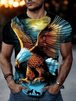 #ad T Shirts Flying American Bald Eagle Graphic Brown Blue 3D Fashion Trendy Men Tee