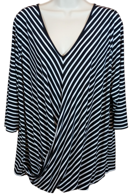 #ad Faux Wrap V Neck Blouse 3 4 Sleeves BOUTIQUE 1X Black and White Striped