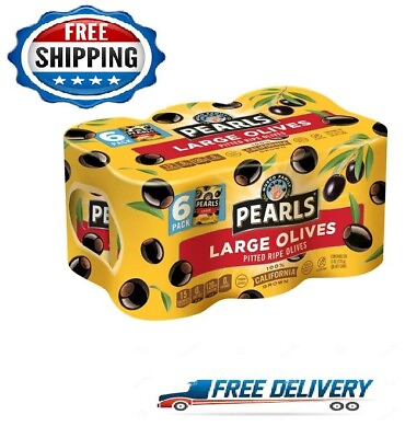 #ad Pearls Ripe Pitted Large Black Olives 6 oz Can 6 pack FRESH