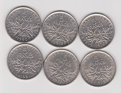 #ad France Set of 5 Francs x6 1970 91 French Coins