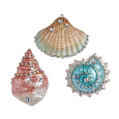#ad Encrusted Jeweled Seashells Pink Blue Gold Christmas Holiday Ornaments Set of 3