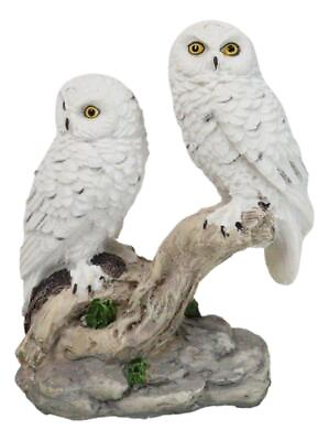 #ad Tundra Forest Snow White Owls Couple Perching On Tree Branch Figurine 4.75quot;H