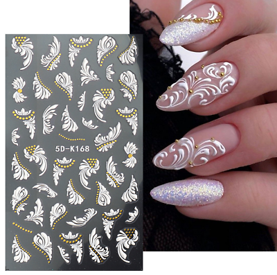 #ad 5D Embossed White Nail Art Stickers Butterfly Flower Self Decal Decor K168 NH7