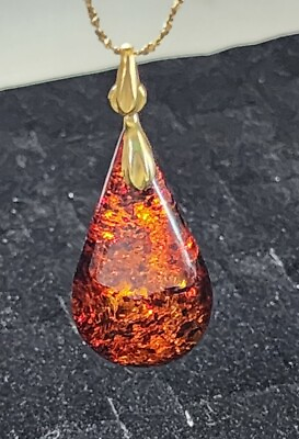 #ad Long 14k Gold amp; Honey Baltic Amber Insect Fossil Vintage Pendant $200.00
