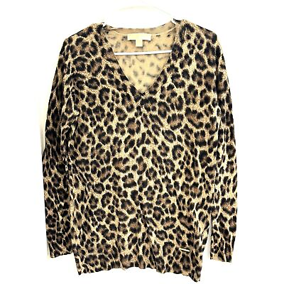 #ad Michael Kors Medium Cotton Blend V neck Leopard Print Sweater SZ M GUC