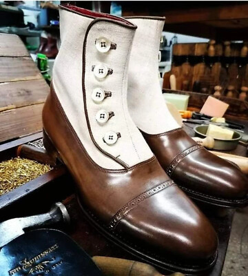 #ad Men New Collection Brown Leather Button Cap Toe Handmade Dress Boot