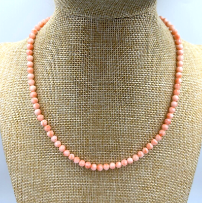 #ad Vintage Natural Angel Skin Coral Pink Round 7mm Necklace Gold Tone Clasp 17quot;