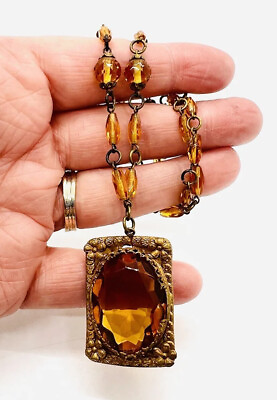 #ad Art Deco Faceted Amber Glass Gilt Filigree Necklace Antique Vintage Jewelry