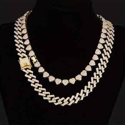#ad Gold Plated Cubic Zirconia 18quot; Heart amp; 20quot; Cuban Bling Chain 2 Necklace Gift Set