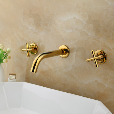 #ad Gold Bathtub Spout Brass Faucet Wall Mount Basin Mixer Tap 3 PCS Holes Set