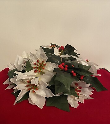 #ad White Poinsettia Wreath Candle Ring Silk Flower Holiday Christmas Decor 10” New