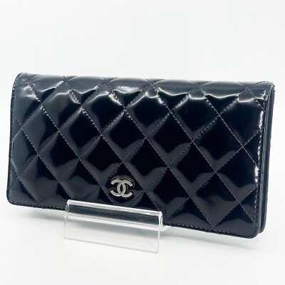 #ad Authentic CHANEL Matelassé Coco Mark Enamel Leather Long Wallet Black