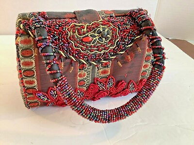 #ad Womens Hand Bag Purse Red Floral Embellished Fabric Beads Hard Case