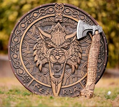 #ad Custom handmade beautiful egreaved lion shaped Wooden Shield with axe $399.99