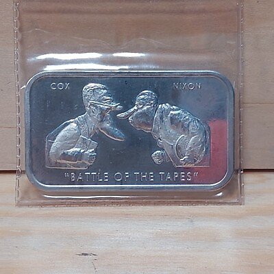 #ad 1973 Colonial Mint Battle Of The Tapes Nixon Cox 1oz Silver Bar Rare Collectable