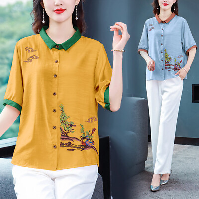 #ad Women Summer Cotton Linen Short Sleee Button Up Retro Plus Size Shirt Blouse Top
