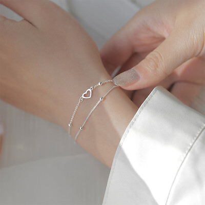 #ad Silver Double Layers Love Heart Bracelets For Women Girls Elegant Birthday