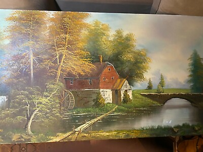#ad Huge L Cafirr quot;Landscape With Home And Stone Bridge Scenequot; Oil Painting Signed