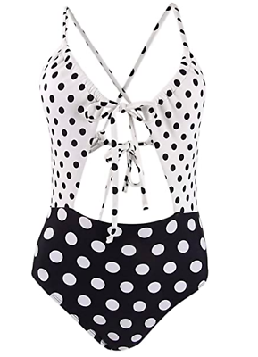 #ad Hula Honey Juniors Polka Dotted One Piece Swimsuit Black White Size XL $20.00