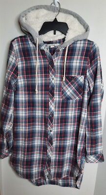 #ad Vanilla Star Juniors Hooded Button Up Tunic Shirt Size M Plaid Flannel NWT $14.95