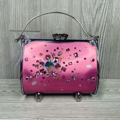 #ad Nwt crystal lized little earth metal bag purse Swarovski element pink embellish