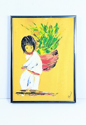 #ad Vintage Painting Boy Basket in the Style Ted De Grazia Artist Signed RUSS